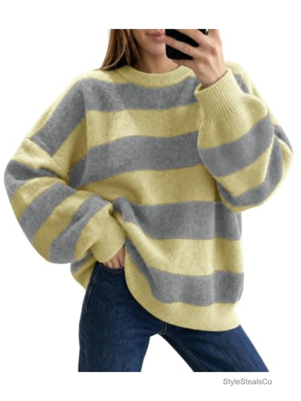 Womens Oversized Striped Knit Pullover Sweater Color Block Lantern Sleeve